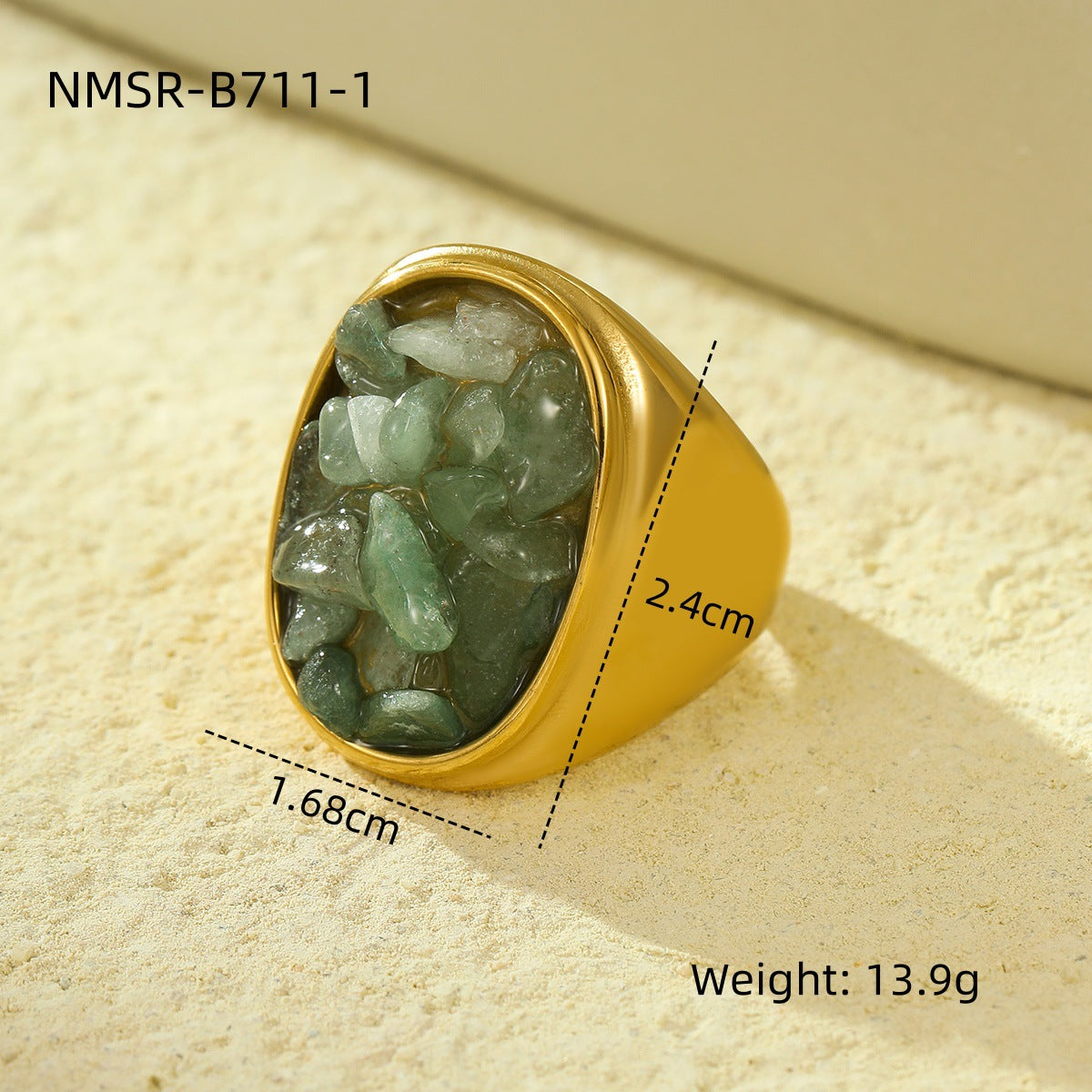 Anillo de Acero Inoxidable Geométrico Minimalista Vintage con Incrustaciones de Piedra Natural Bañado para Mujer