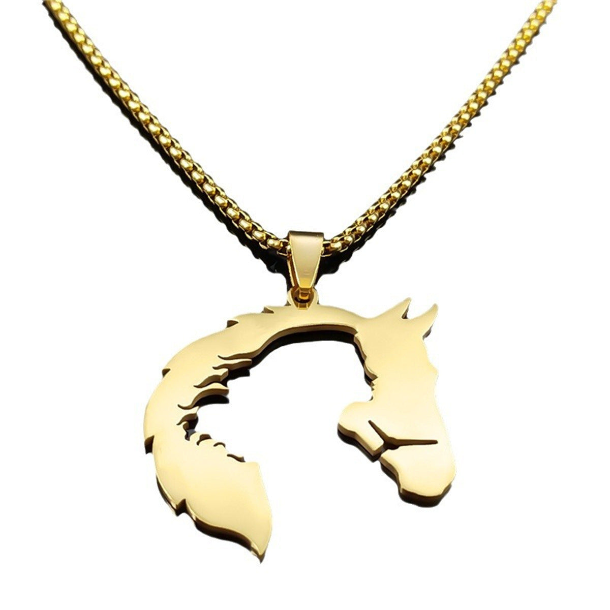 Minimalist Geometric Horse Head Pendant Necklace for Women Stainless Steel with Plated Finish Sweater Chain