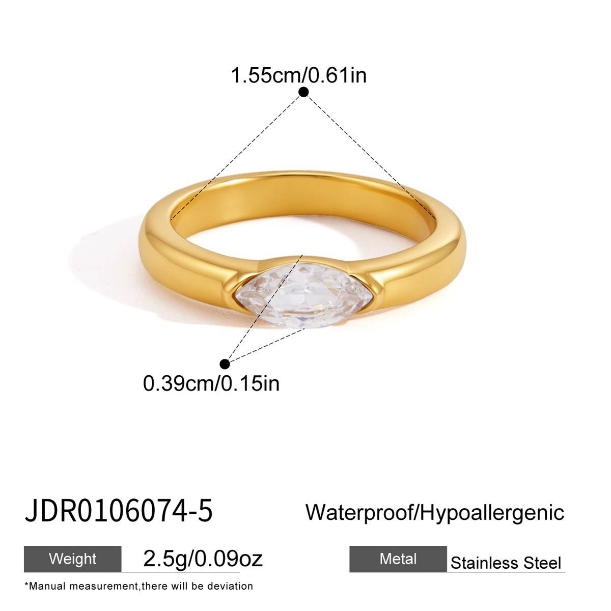 Minimalist Elegant Teardrop Oval Cubic Zirconia PVD Titanium Steel Ring for Women