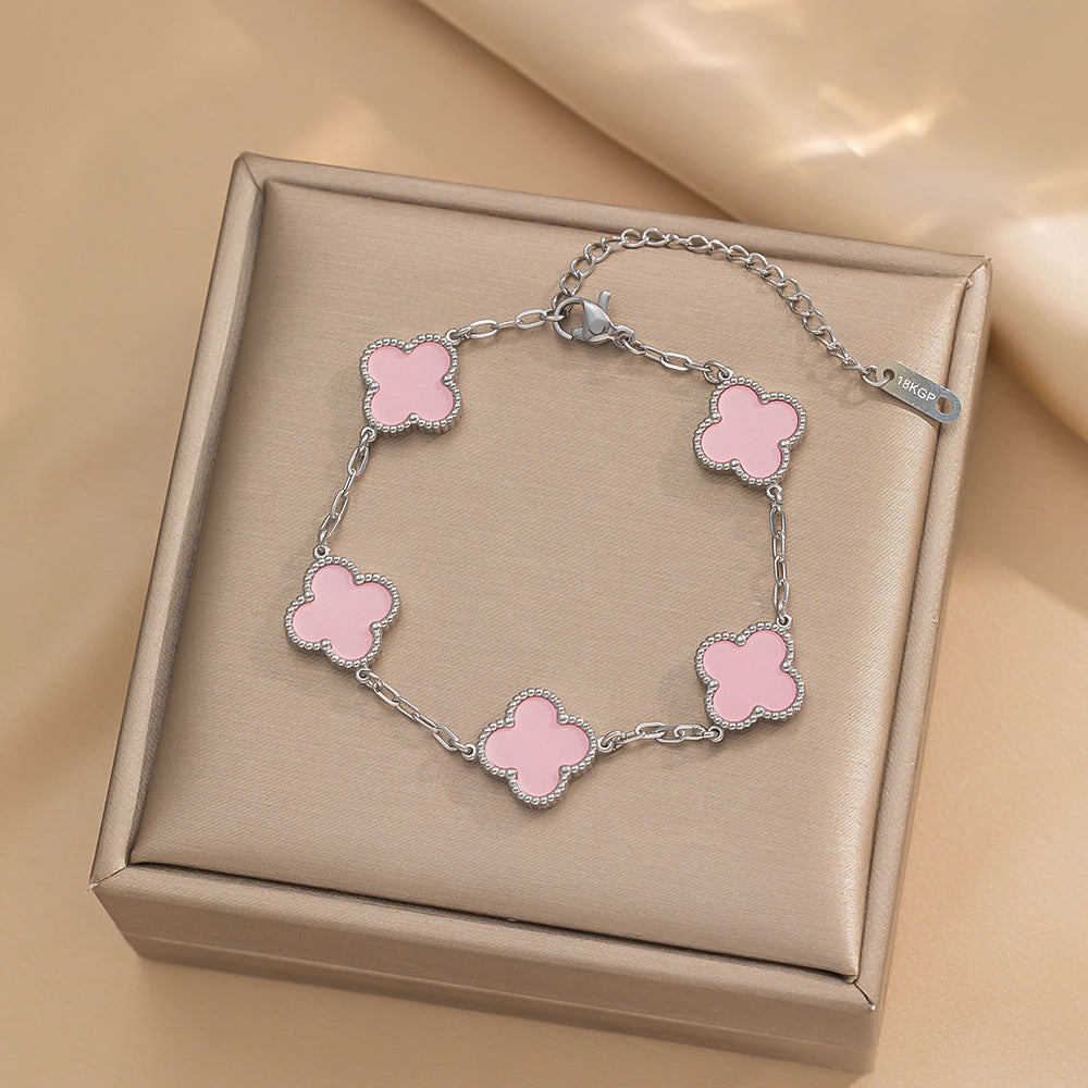 Set di collana, bracciale e orecchini a lobo da donna in acciaio al titanio minimalista con quadrifoglio fortunato