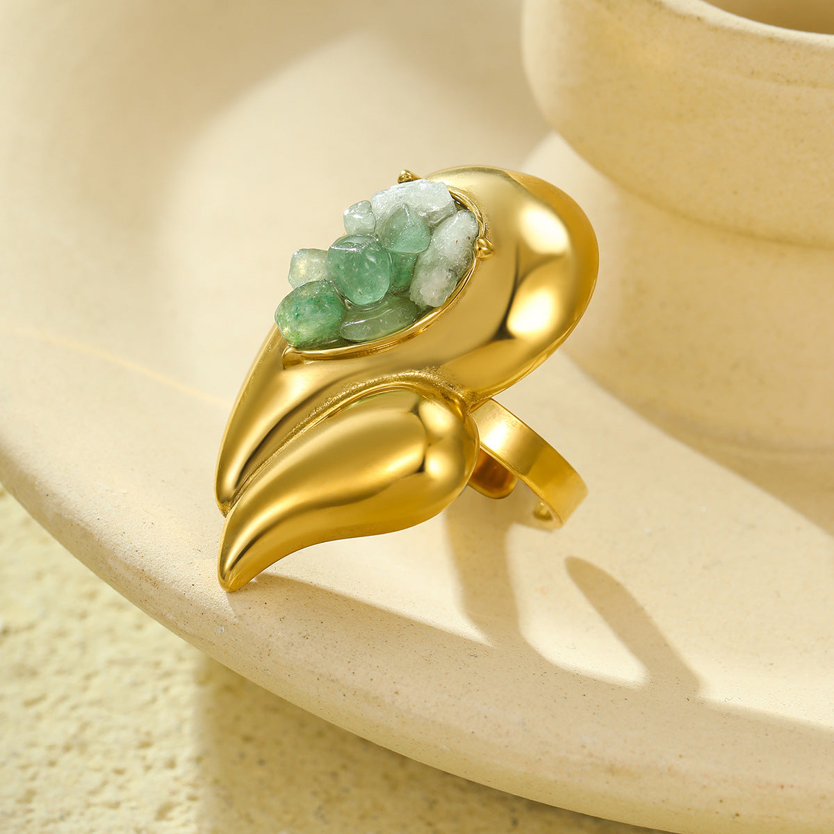 Vintage Oversized Stainless Steel Double-Layer Water-Drop Shaped Ring with Natural Stone Inlay and Plated Finish for Women