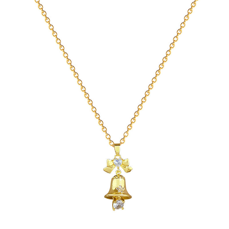 Butterfly Bow Knot Bell Pendant Necklace for Women with Full Rhinestone Accents in Titanium Steel Chain, Elegant Minimalist Style