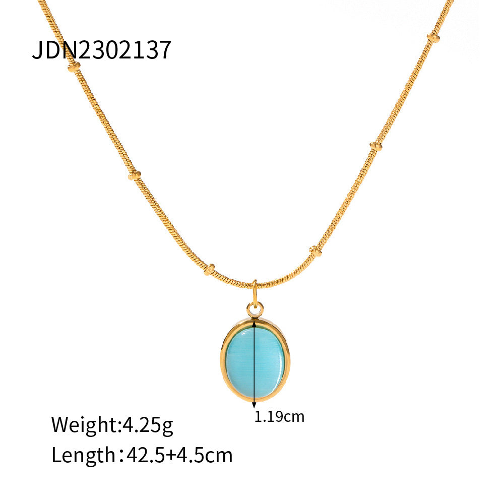 Collana pendente quadrata minimalista in acciaio inossidabile con pietra occhio di gatto blu, finitura galvanizzata per donna