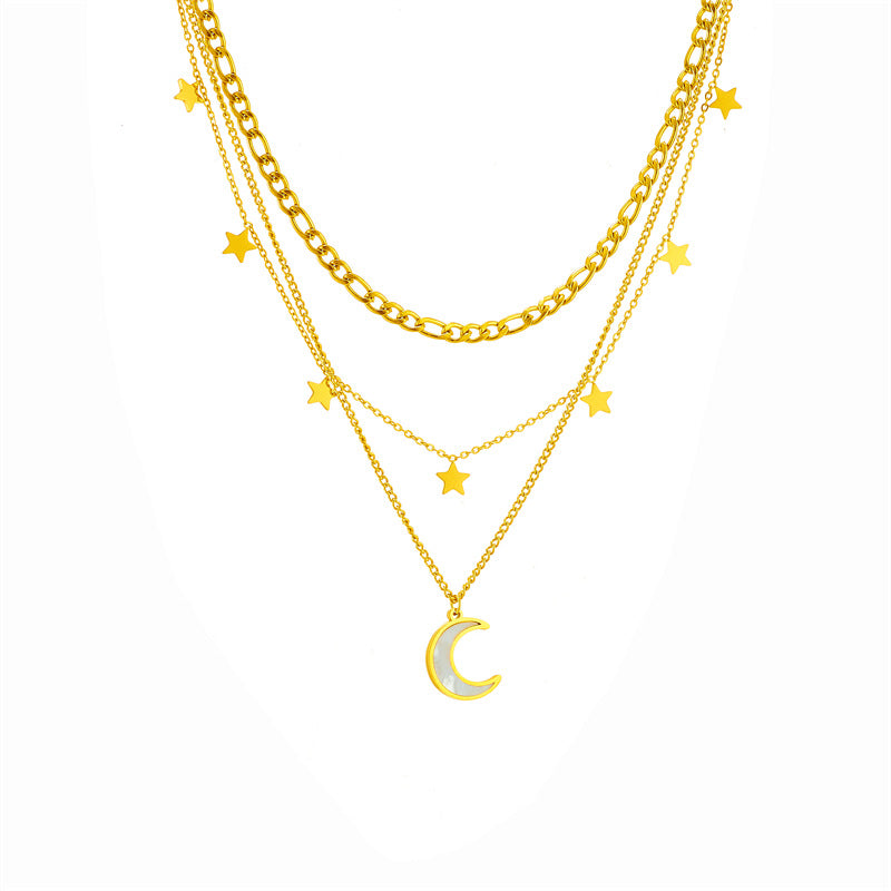Minimalist Geometric Titanium Steel Necklace with Star and Moon Charms for Women, Electroplated Locket Chain
