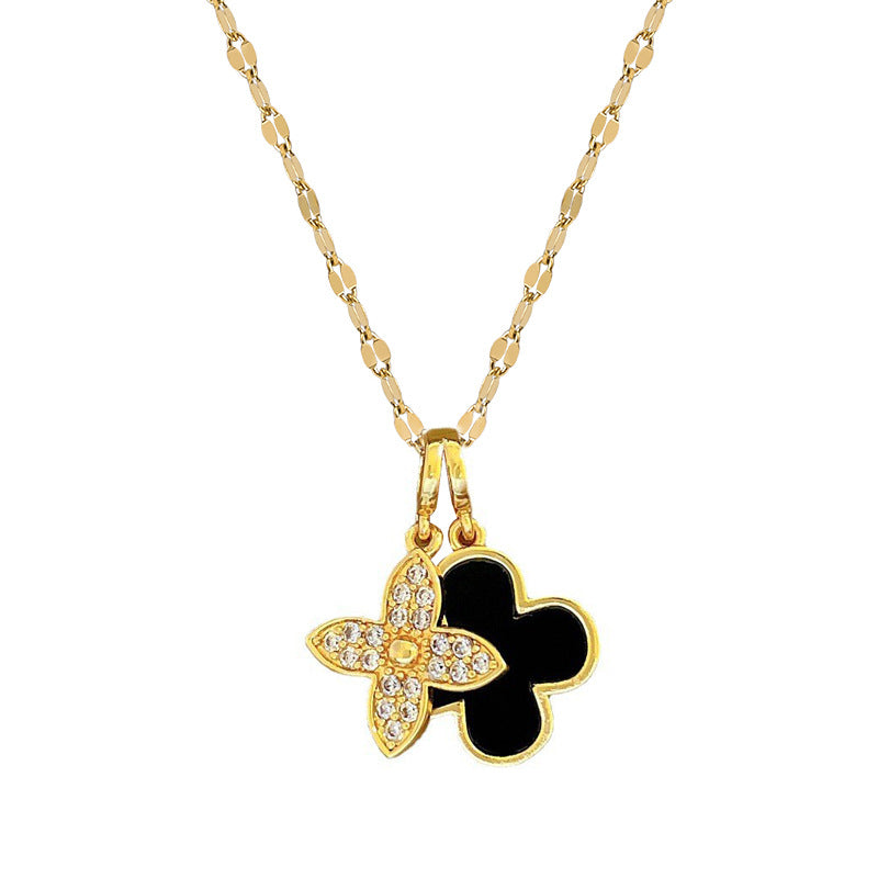 Luxury Double-Layer Floral Necklace for Women with Titanium Steel Chain and Moon Pendant