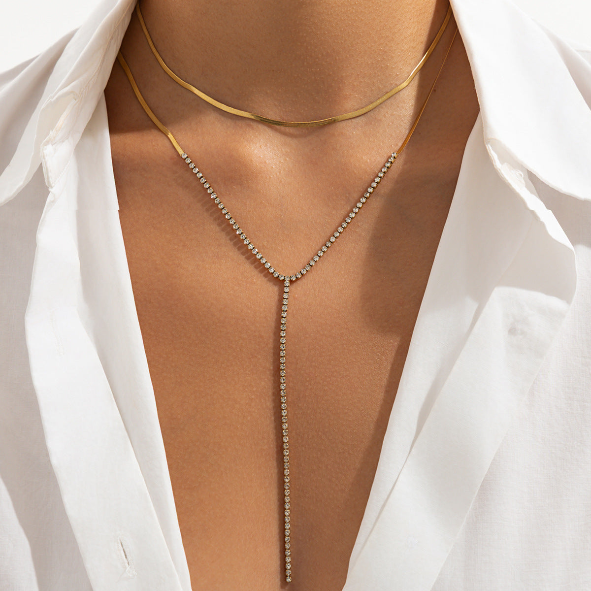 Minimalist Luxury Square Rhinestone Glass Pendant Stainless Steel PVD Plated Layered Necklace for Women