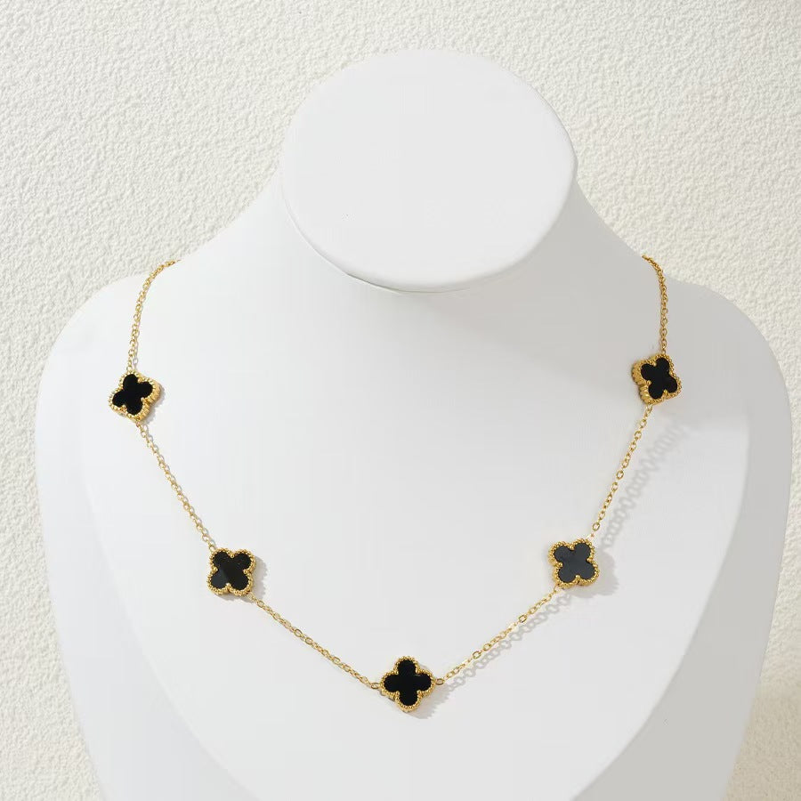 Elegant 9mm Four-Leaf Clover Floral Acrylic Pendant Gold Plated Titanium Steel Necklace for Women