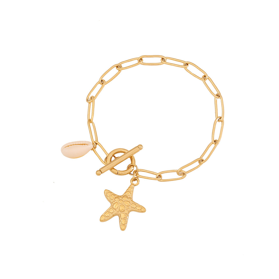 Collana con Pendente a Stella Marina e Conchiglia in Acciaio Inossidabile con Finitura Placcata su Catenina a O, Stile Vacanza Oceano alla Moda, per Donne