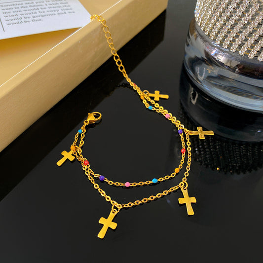 Minimalist Colorful Drip Oil Cross Geometric Titanium Steel Bracelet for Women