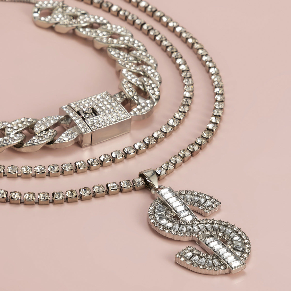 Vintage Geometric Cuban Link Necklace with Rhinestone Inlay for Women Adjustable Layering Set