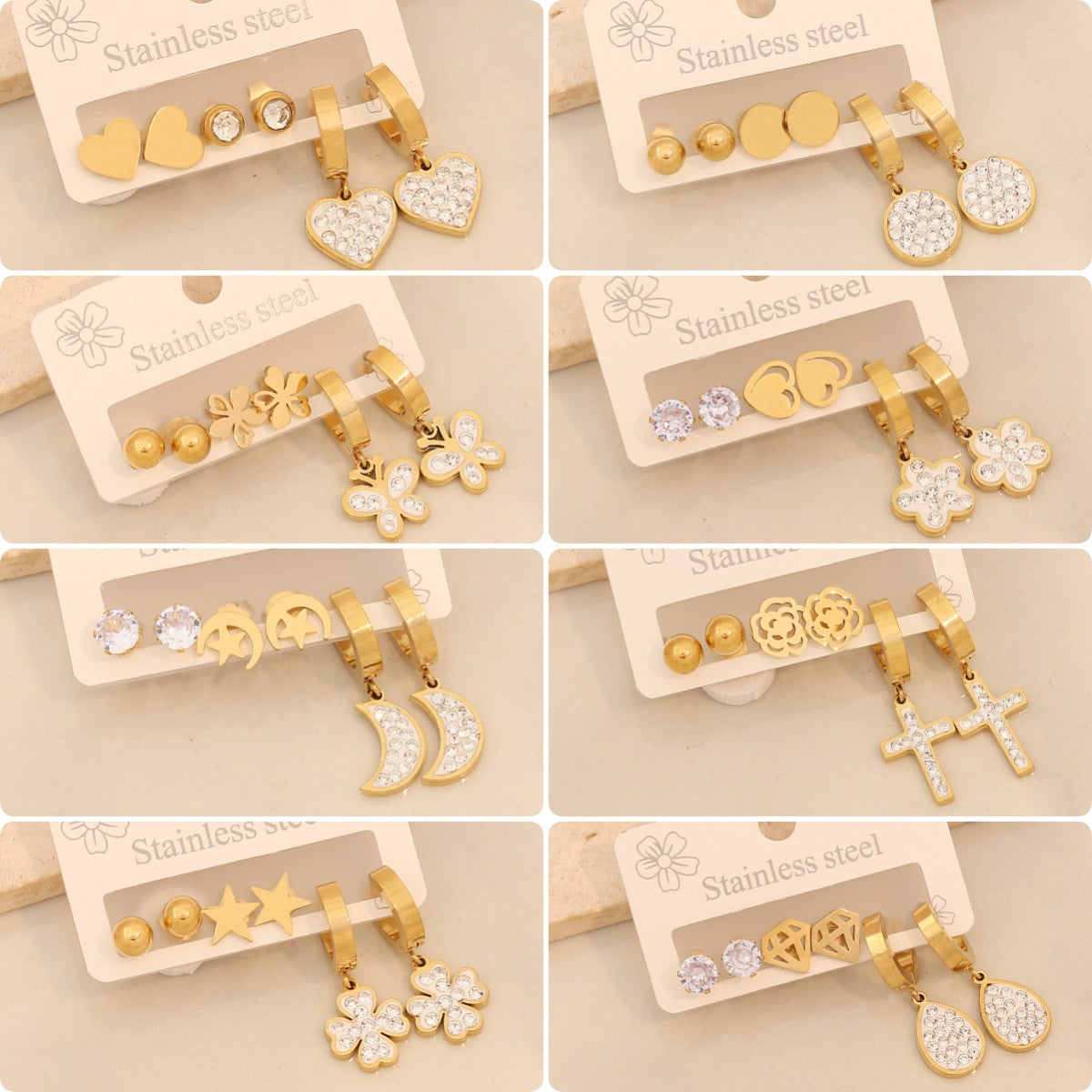 Orecchini alla moda con cuore, luna, farfalla e forme geometriche in acciaio inossidabile con strass, da donna