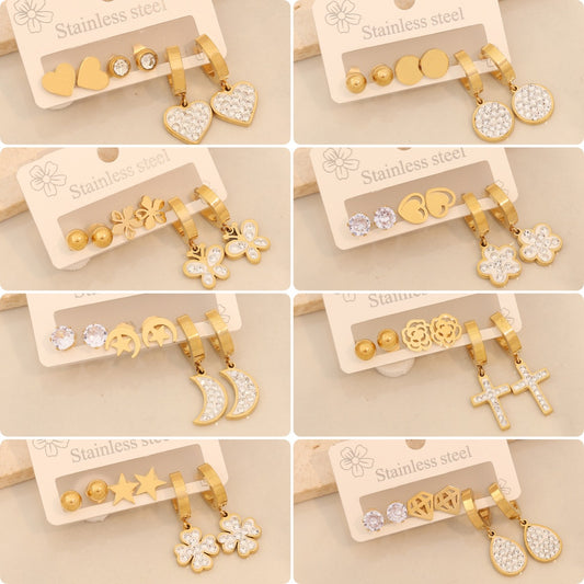 Orecchini alla moda con cuore, luna, farfalla e forme geometriche in acciaio inossidabile con strass, da donna