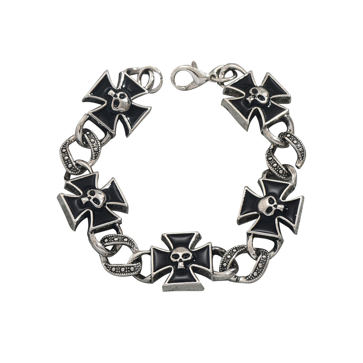 Bracciale con ciondolo teschio e ossa incrociate vintage da uomo e donna in lega di zinco con finitura smaltata