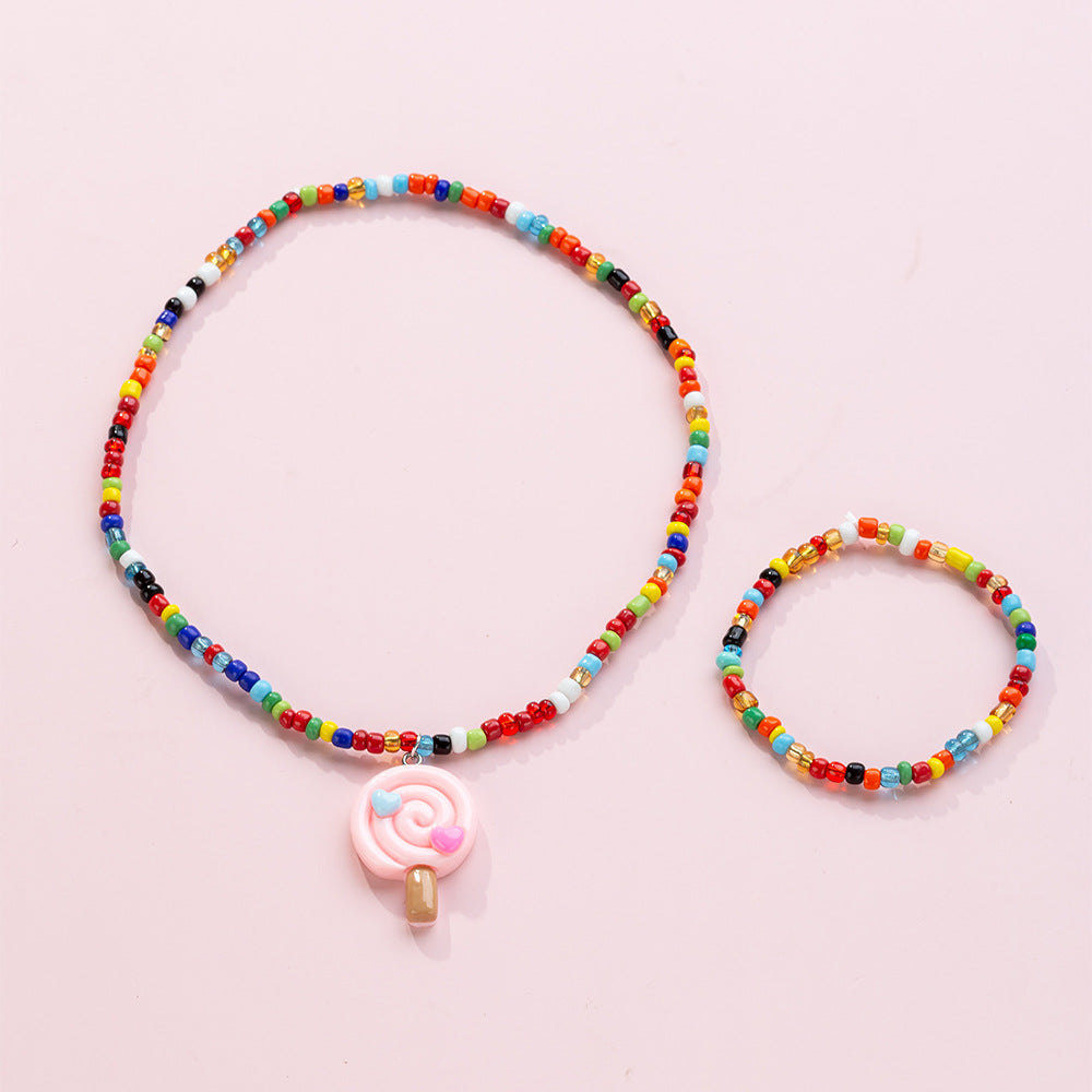 Set di collane in resina a forma di lecca-lecca a cartoni animati per bambini con catena di perline, gioielli estivi colorati "Dopamine"
