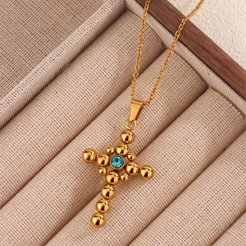 Collana Vintage Placcata Oro a Croce in Acciaio al Titanio con Ciondolo Zirconia Cubica e Catena a Cavo