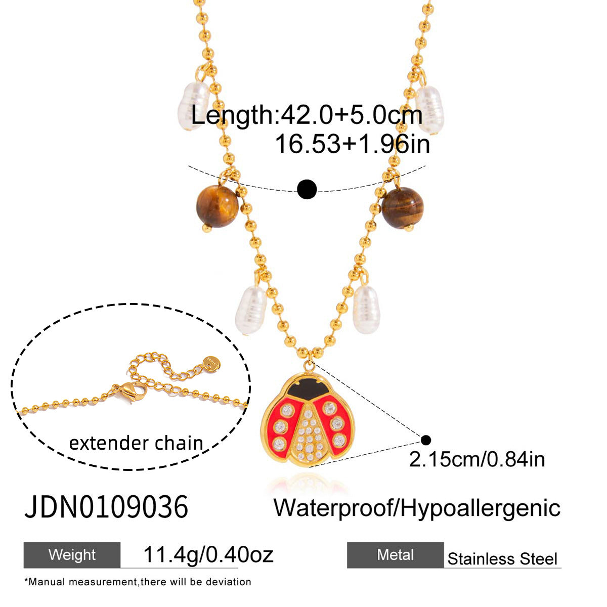 Set Collana con Ciondolo Coccinella alla Moda in Acciaio Inossidabile con Finitura Placcata da Donna Include Orecchini Bracciale e Collana