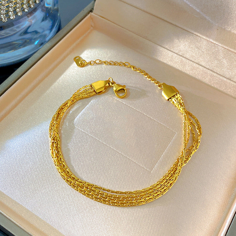 Fashion Streetwear Gold Plated Hammered Round Geometric Stainless Steel Multi-Layer Cable Chain Bracelet with Smile Element for Unisex