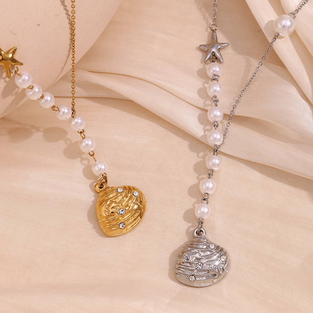 Vintage-Inspired Asymmetrical Seashell Pendant Necklace for Women in Stainless Steel with 18K Gold Plating and Rhinestone Accents