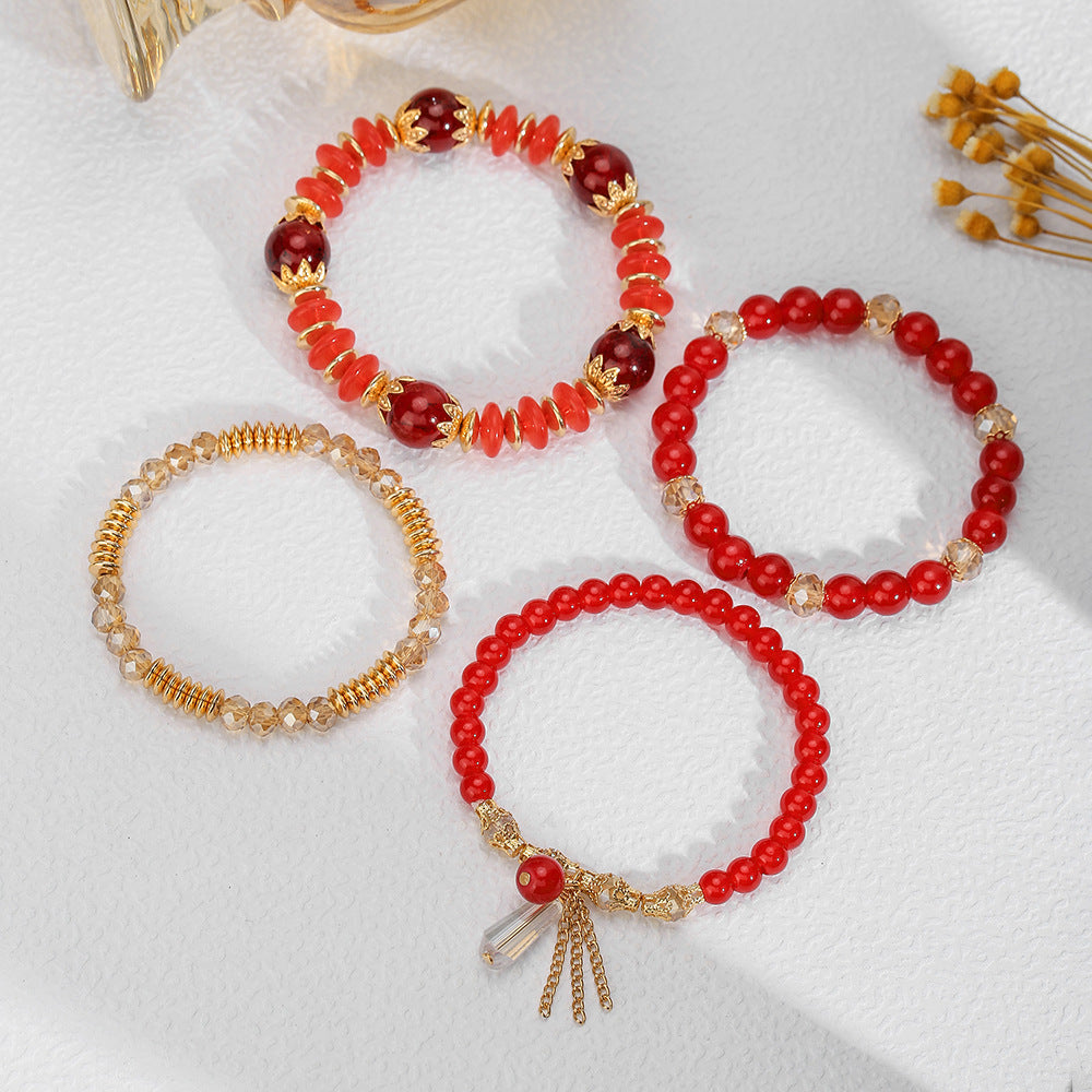 Bohemian Ethnic Geometric Round Glass Agate Crystal Tassel Multi-layer Bracelet
