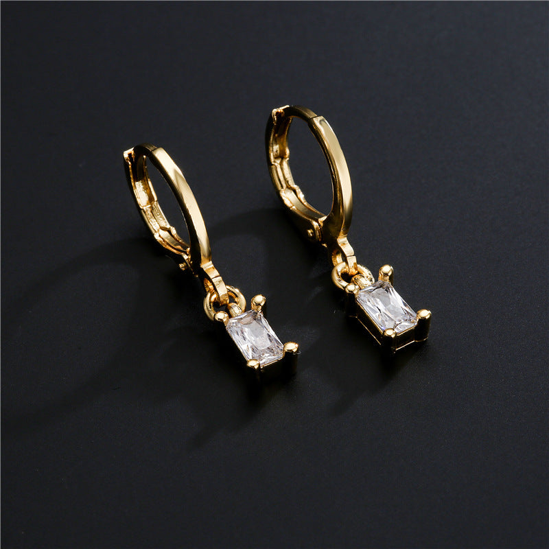 Minimalist Geometric Rectangle Zircon Pendant Earrings in Copper with Ear Hook Closure