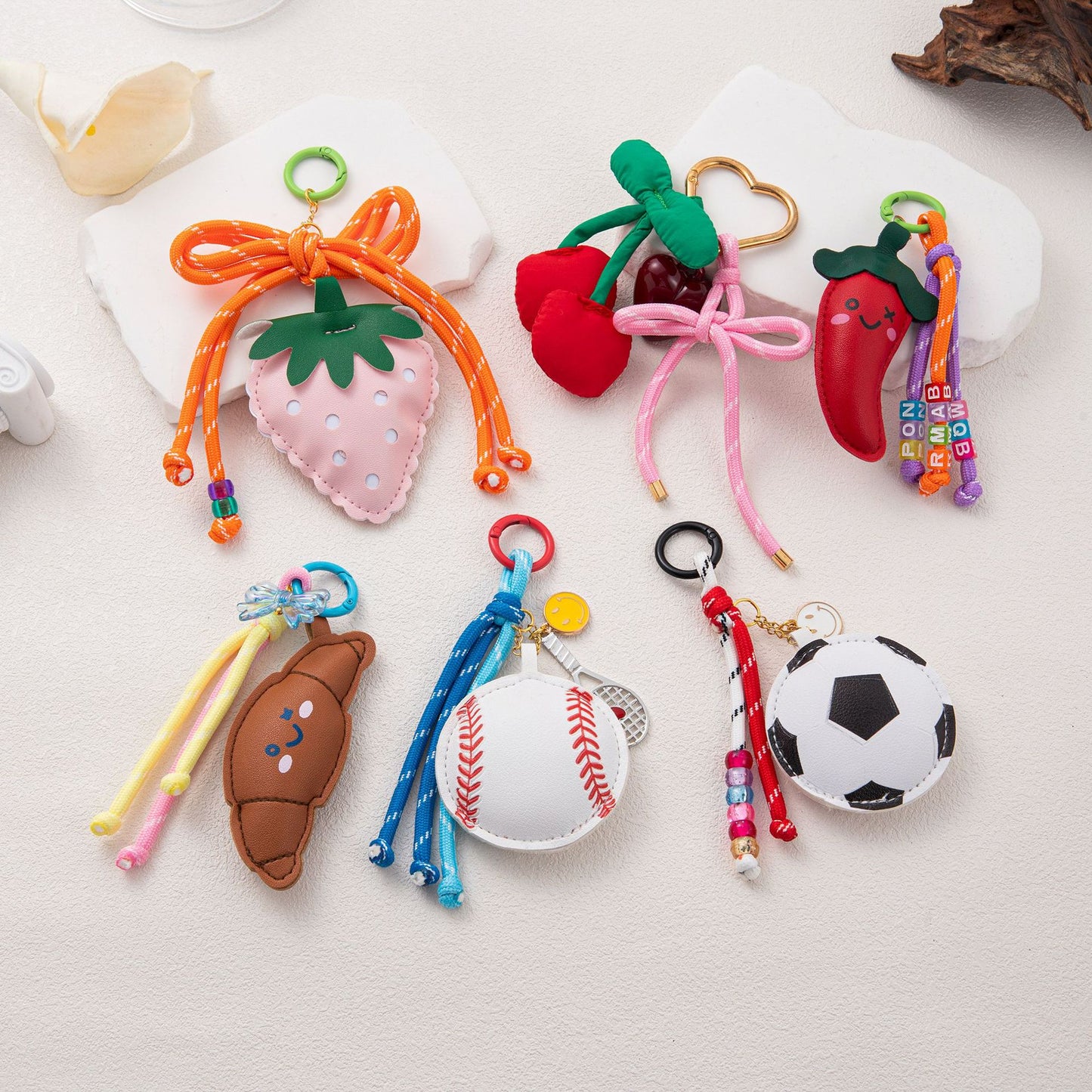 Fruit Pattern Plated Brass Bag Charm Keychain with Cherry Pepper Soccer Bow Designs
