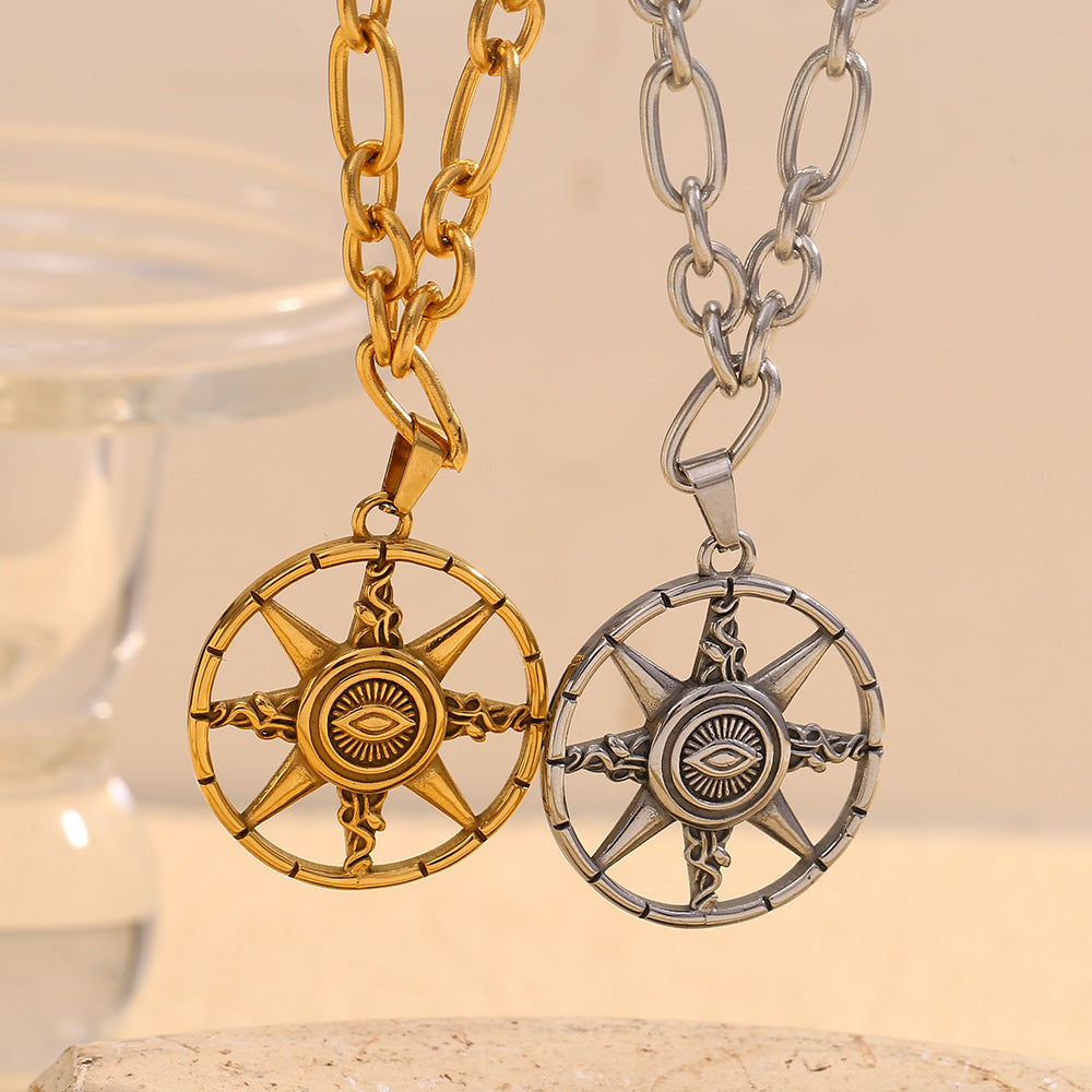 Collana vintage con stella a otto punte e occhio di Allah geometrica in acciaio inossidabile placcato oro 18 carati da donna