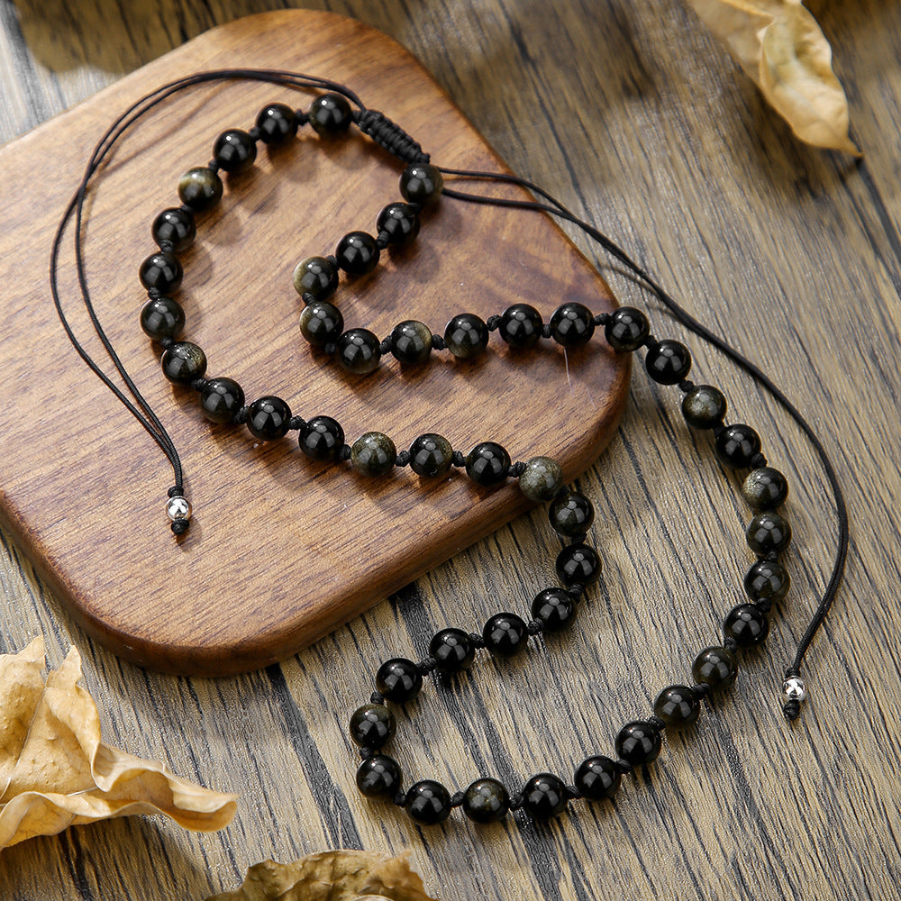 Bohemian Style Adjustable Braided Necklace with Obsidian Pendant Geometric Shape Natural Stone Men Women Unisex Jewelry