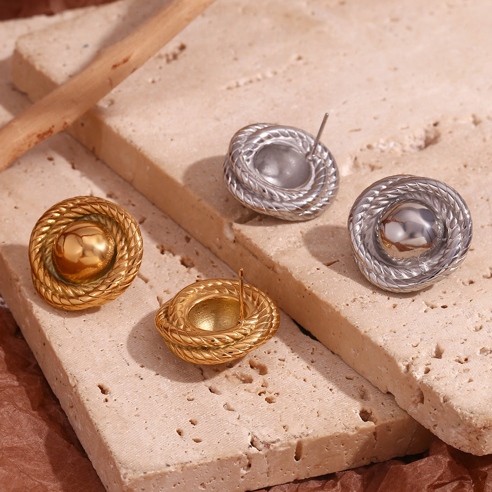 Orecchini a perno geometrici vintage alla moda in acciaio inossidabile con placcatura in oro 18 carati e design a bottone circolare testurizzato