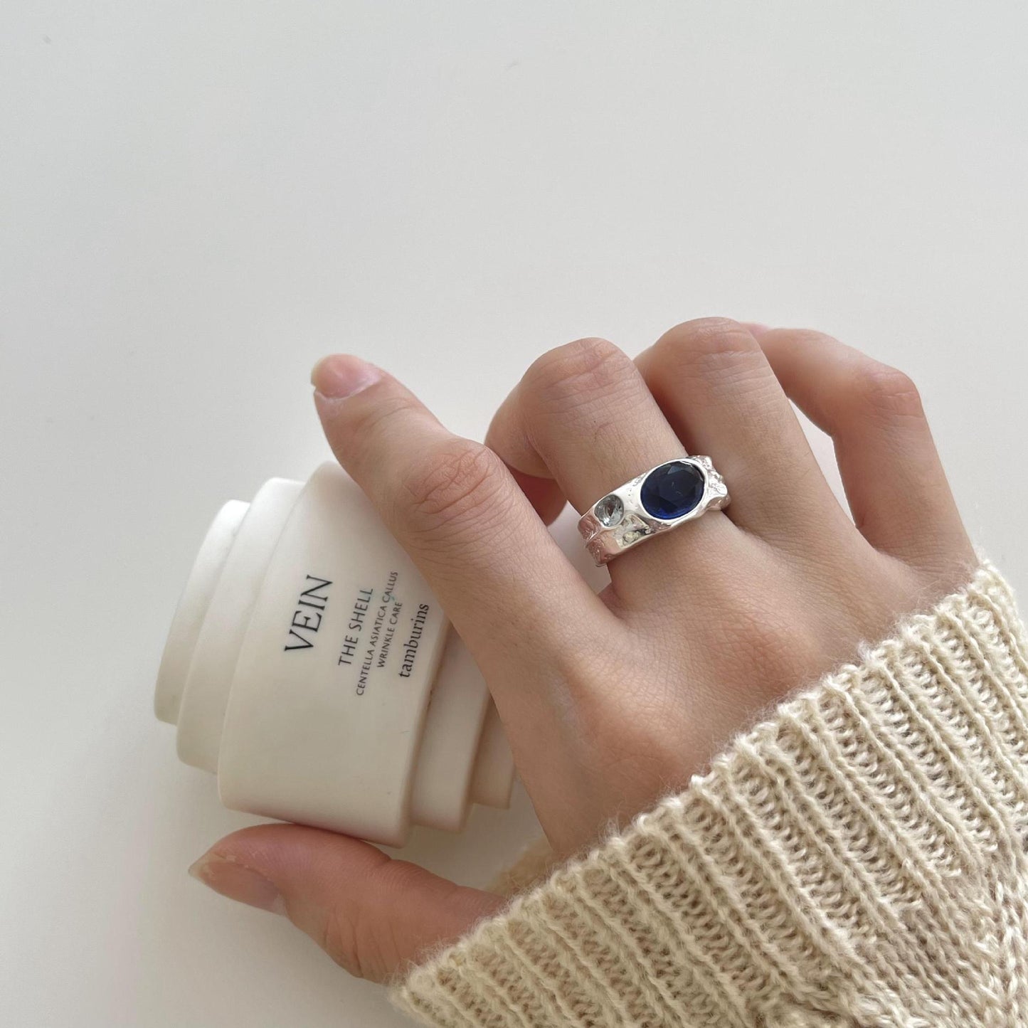 Minimalist Irregular Geometric Shape 925 Sterling Silver Ring with Blue Rhinestone Accent
