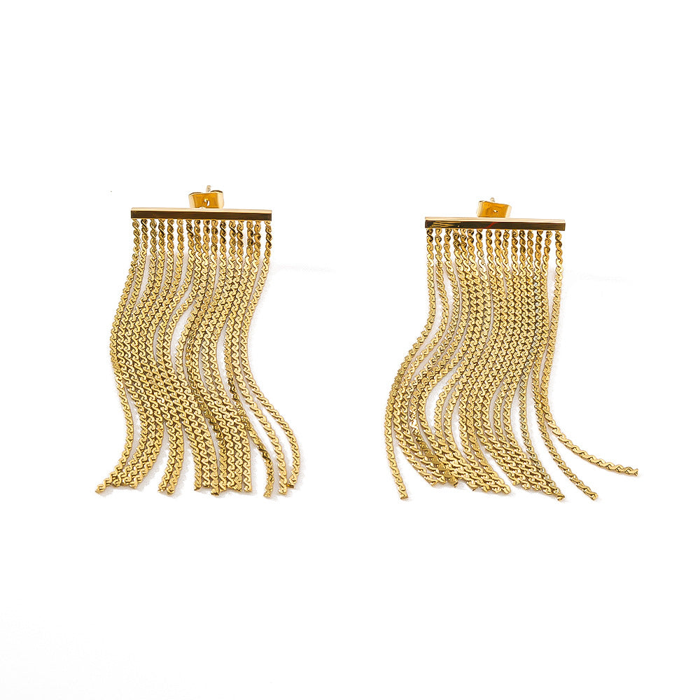 Luxury Stainless Steel Tassel and Chain Earrings for Women with 18K Vacuum Plating Finish