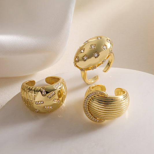Minimalist Geometric Open Ring for Women Made of Brass with 18K Gold Plating and Zircon Inlay