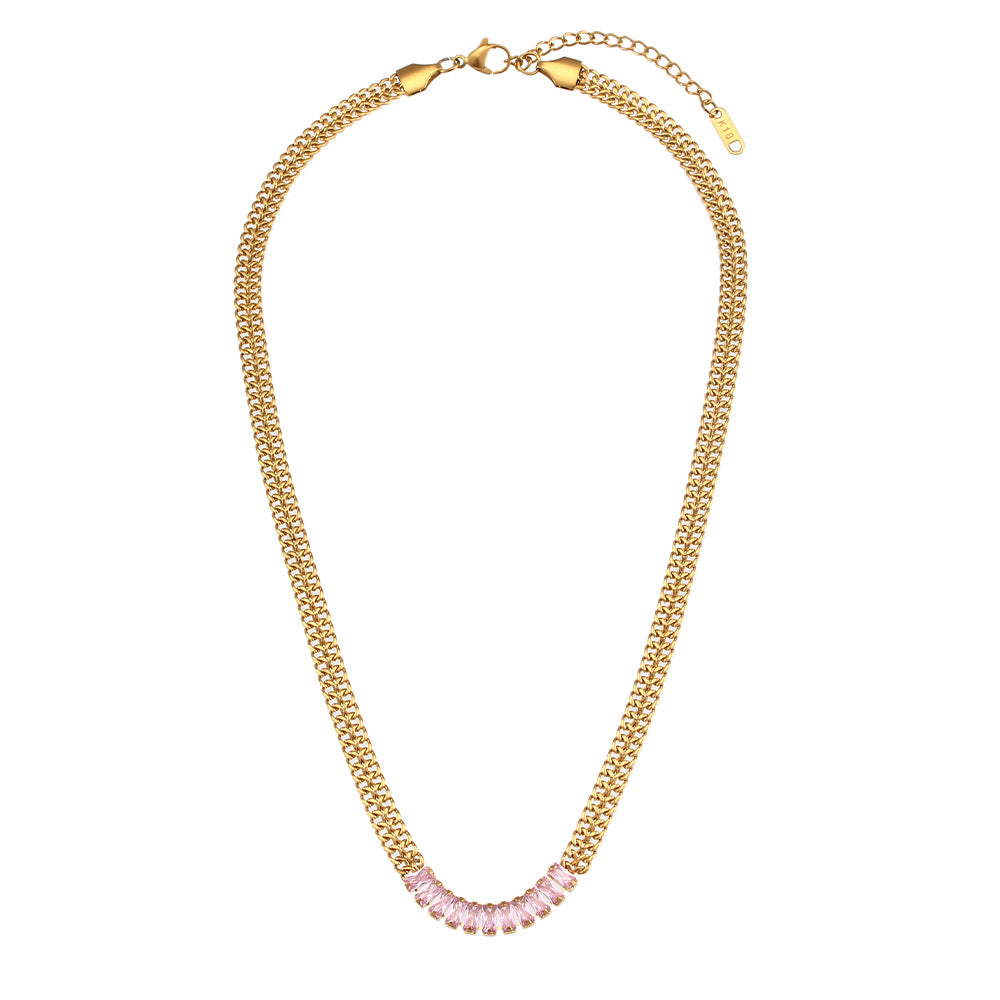 Minimalist Geometric Cuban Link Necklace with Zirconia Pendant and Stainless Steel Chain for Women
