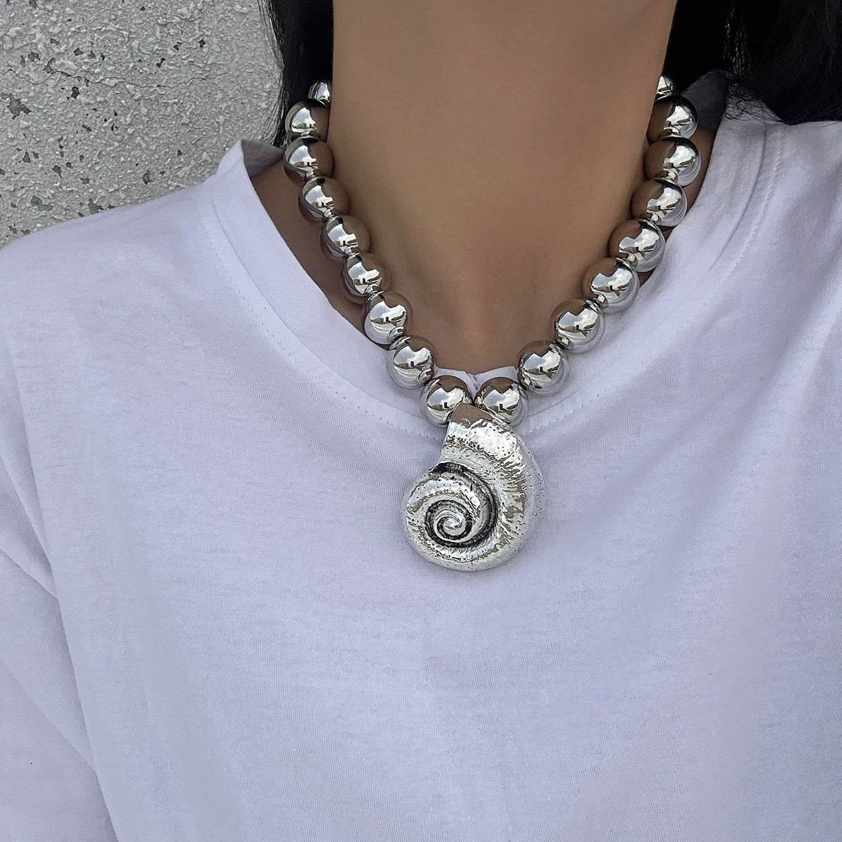 Exaggerated Alloy Star and Shell Pendant Necklace with Imitation Pearl Ball Chain for Women