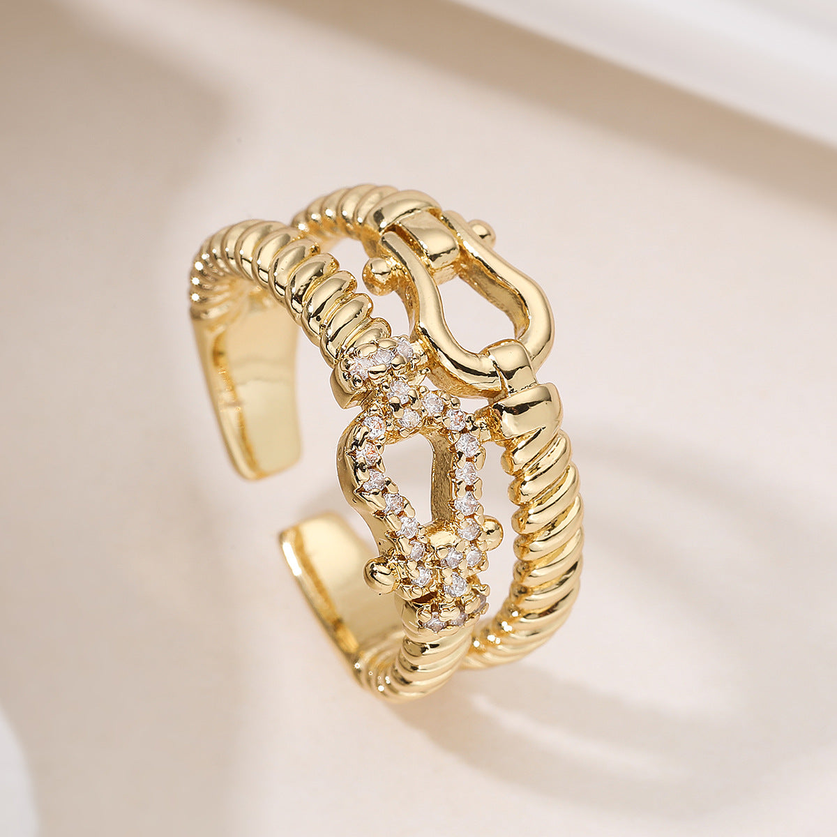Minimalist Elegant Geometric Brass Ring with 18K Gold Plating and Cubic Zirconia Micro-inlay for Women
