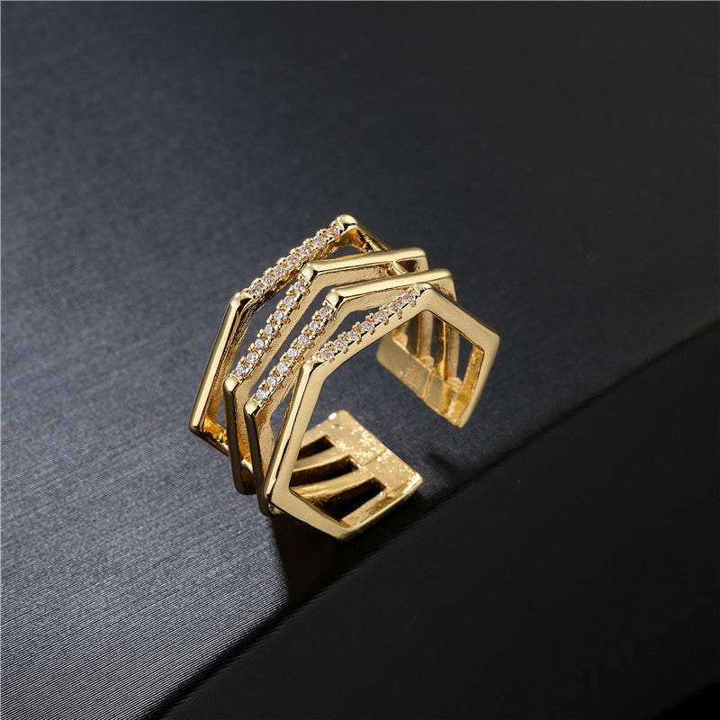 Anello Aperto Geometrico da Donna in Rame con Placcatura in Oro 18K e Dettagli in Zirconia Micro-Pave