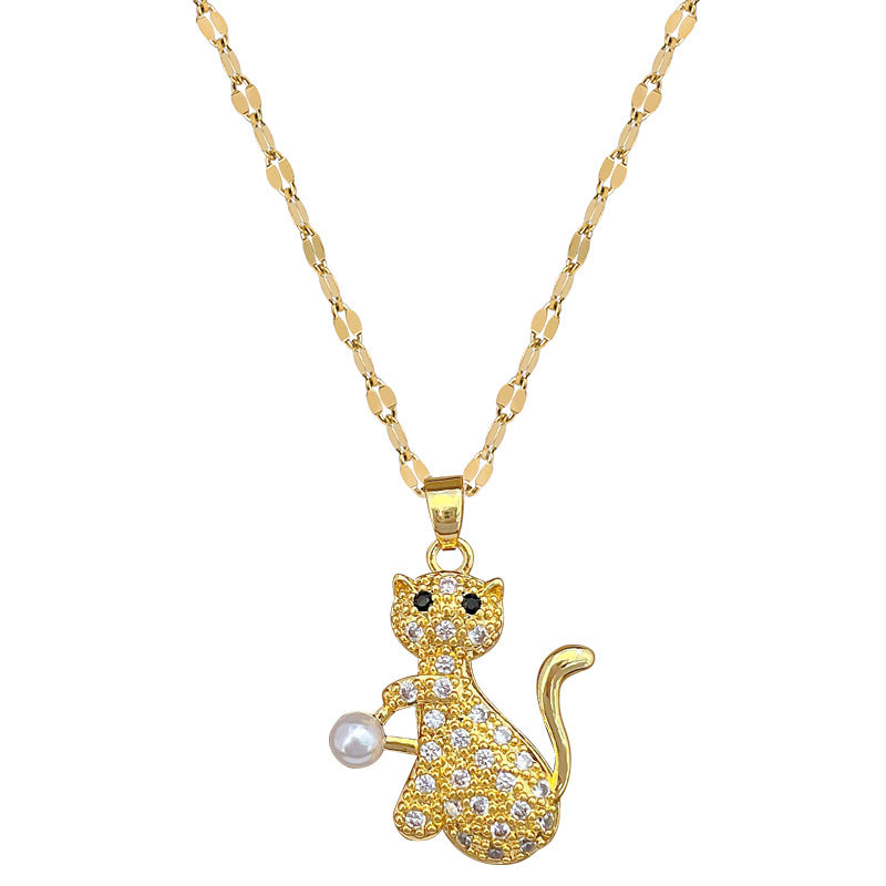 Collana Minimalista con Ciondolo Gatto Perla in Acciaio Inossidabile con Motivo Luna per Donna e Uomo