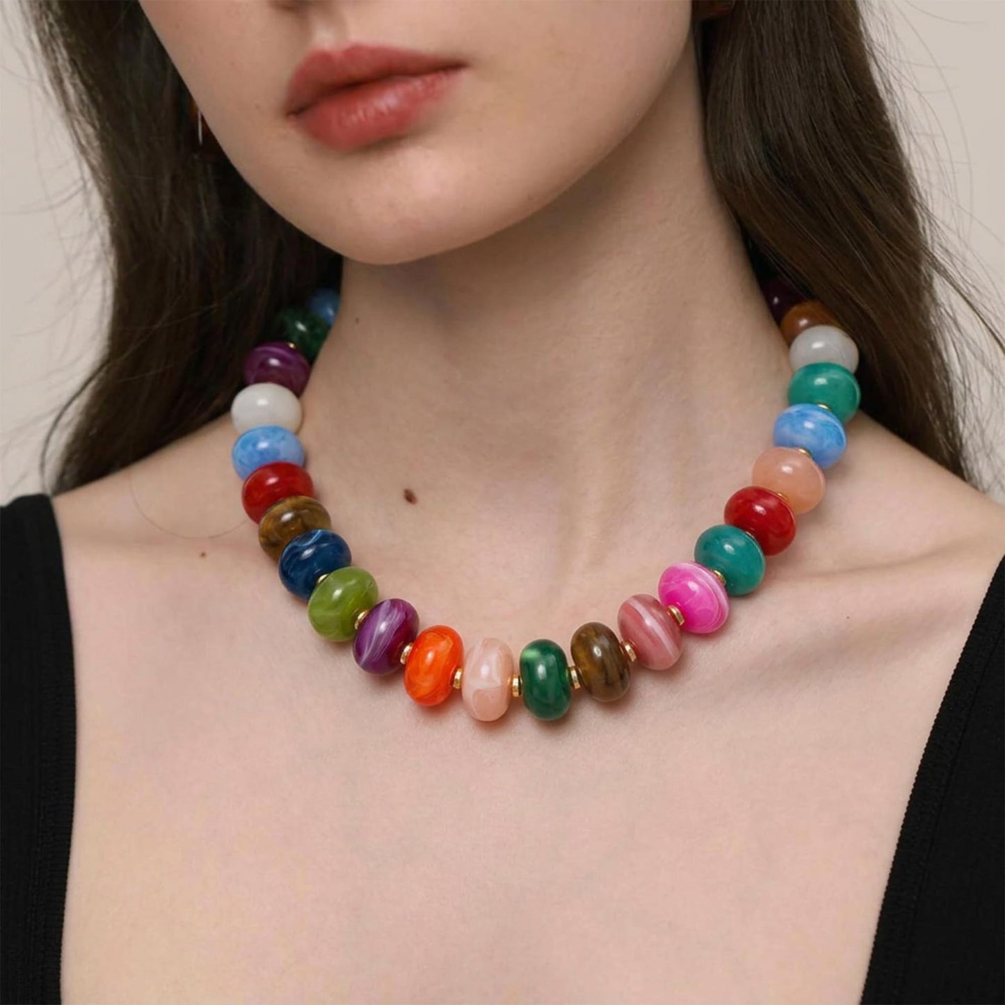 Casual Geometric Round Resin Beaded Necklace for Women Adjustable Collarbone Chain