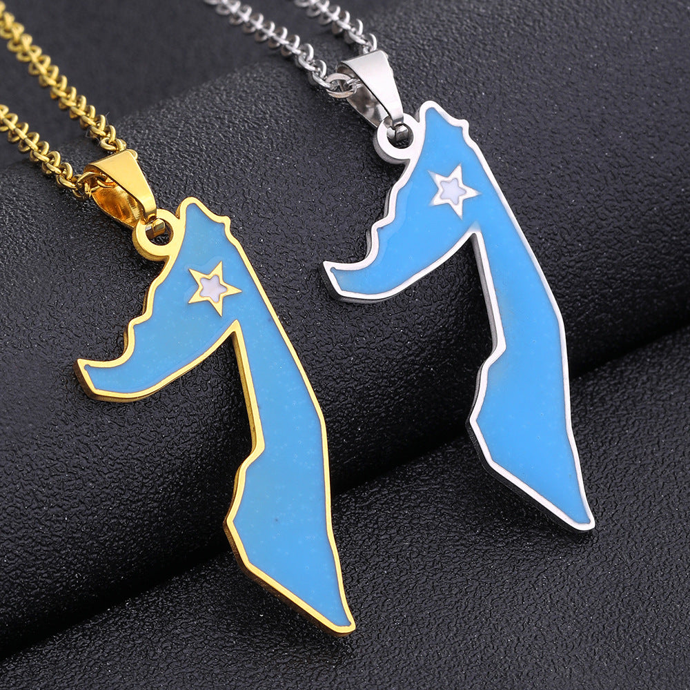 Collar con colgante de mapa étnico geométrico de acero inoxidable esmaltado para mujer con cadena tipo O