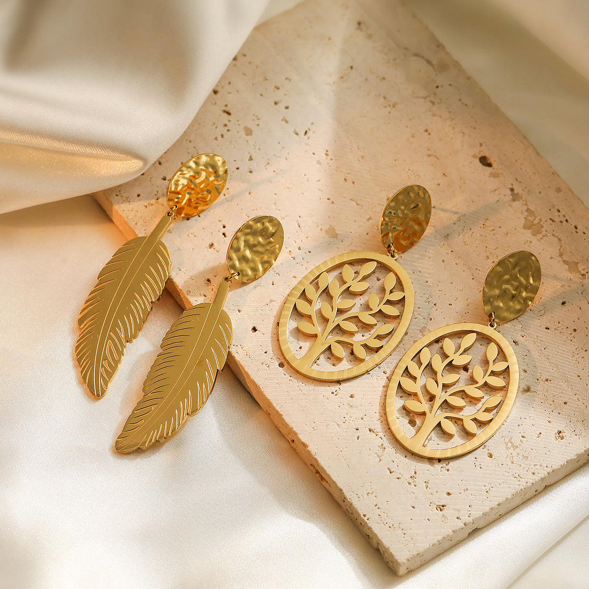 Minimalist Leaf-Shaped Titanium Steel Earrings for Women with Real Gold Plating, Vintage-Inspired and Versatile Fashion Jewelry