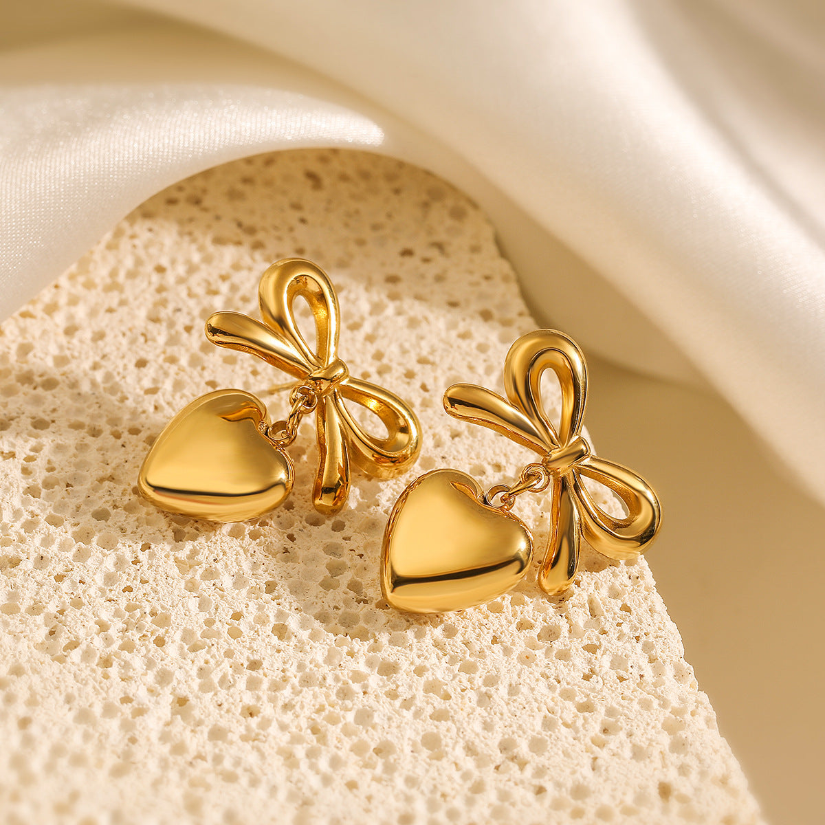 Minimalist Bow and Heart-Shaped Stainless Steel Earrings for Women