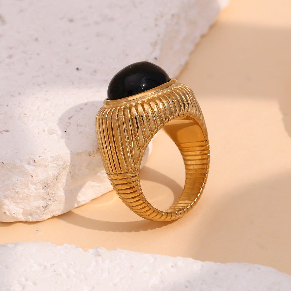 Anello da donna in agata nera placcato oro 18 carati in acciaio inossidabile con geometria in stile vintage