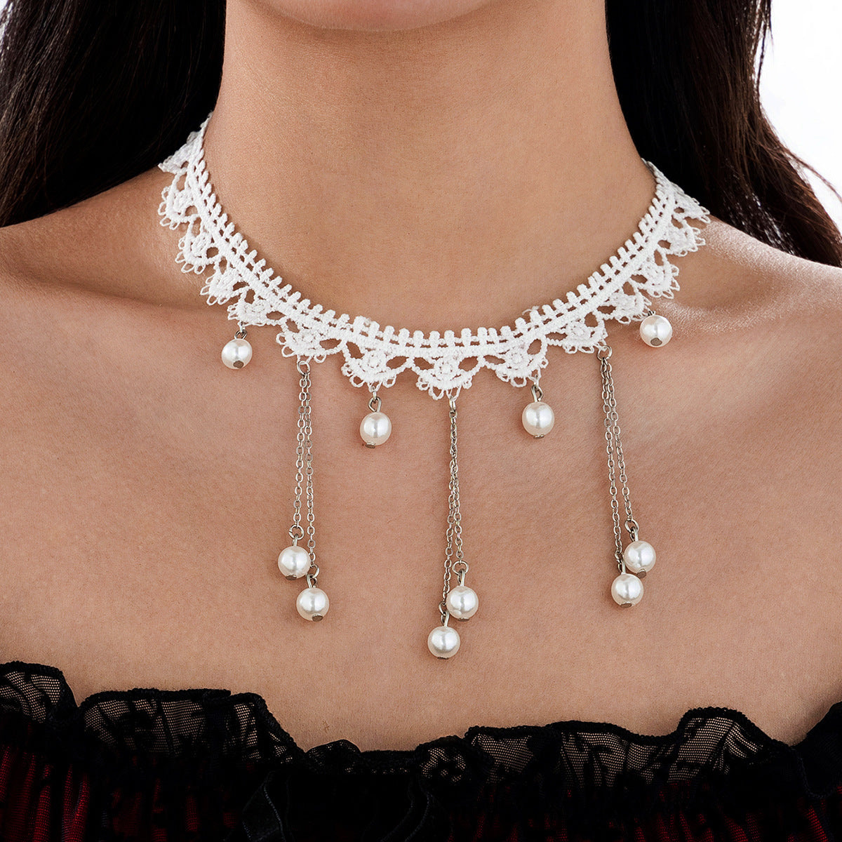 Luxury Elegant Geometric Oval Gemstone Pearl Inlay Zinc Alloy Pendant Plated Lace Necklace for Women