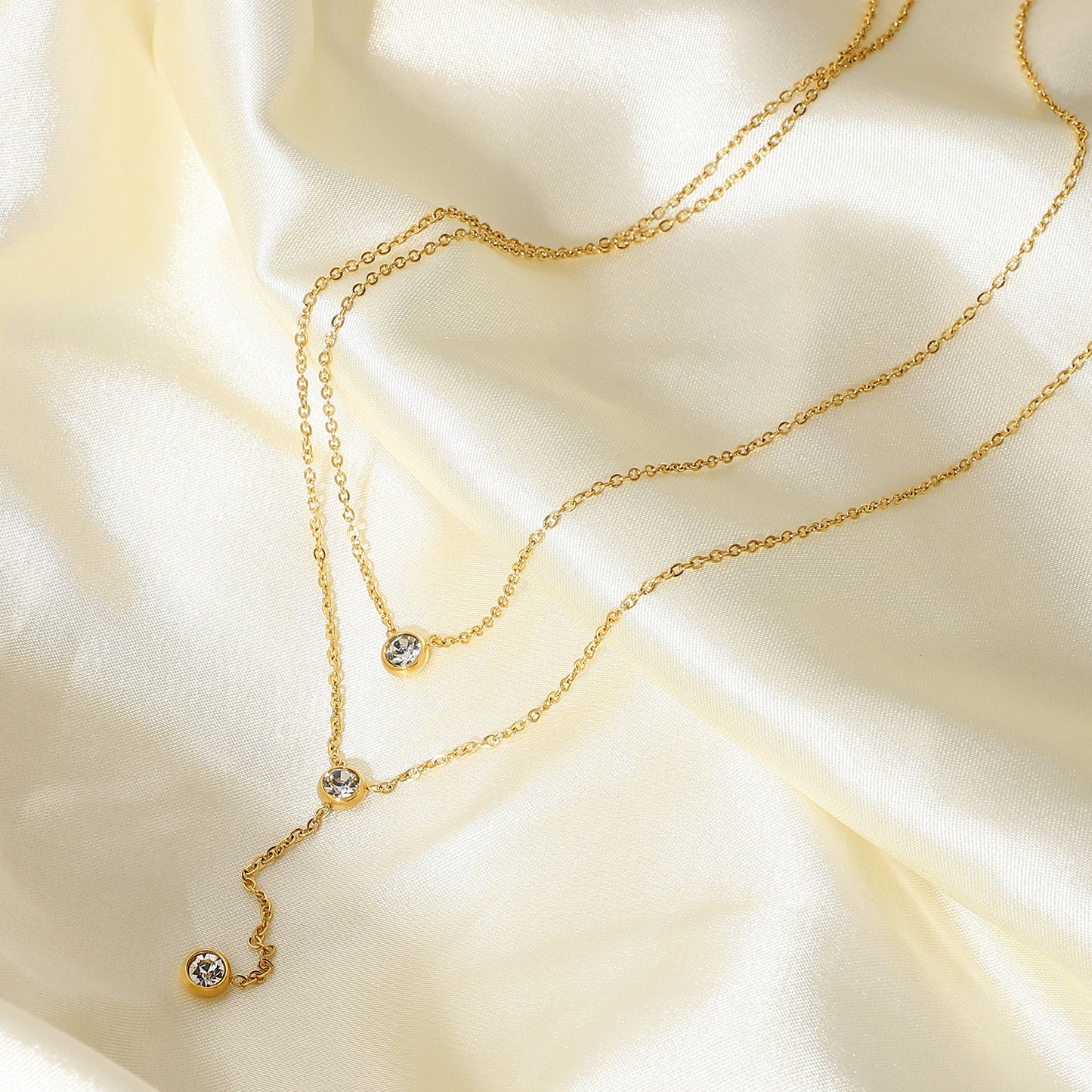 Trendy 18K Gold Plated Stainless Steel Y-Shape Geometric Necklace with Sparkling Water Drop Zircon for Women