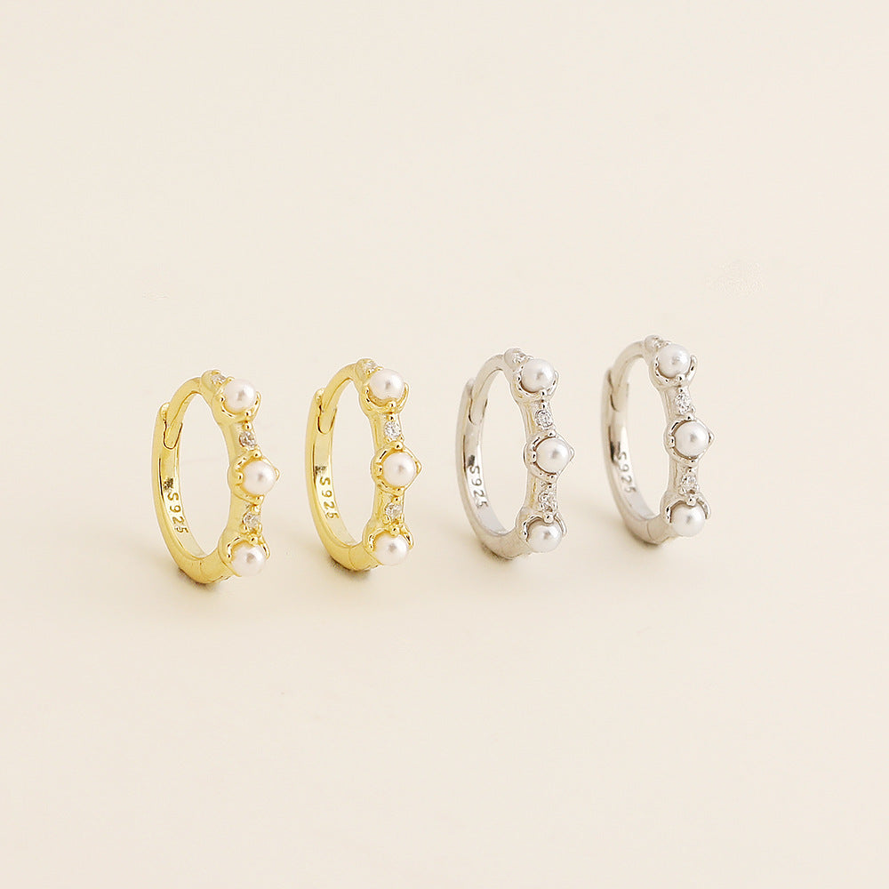 Elegantes pendientes de perlas y diamantes de imitación geométricos de plata de ley 925 con acabado chapado para mujer