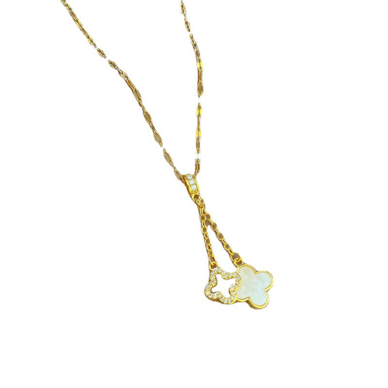 Collana a Catena Doppia da Donna in Acciaio al Titanio a Forma di Fiore di Lusso con Intarsi di Strass
