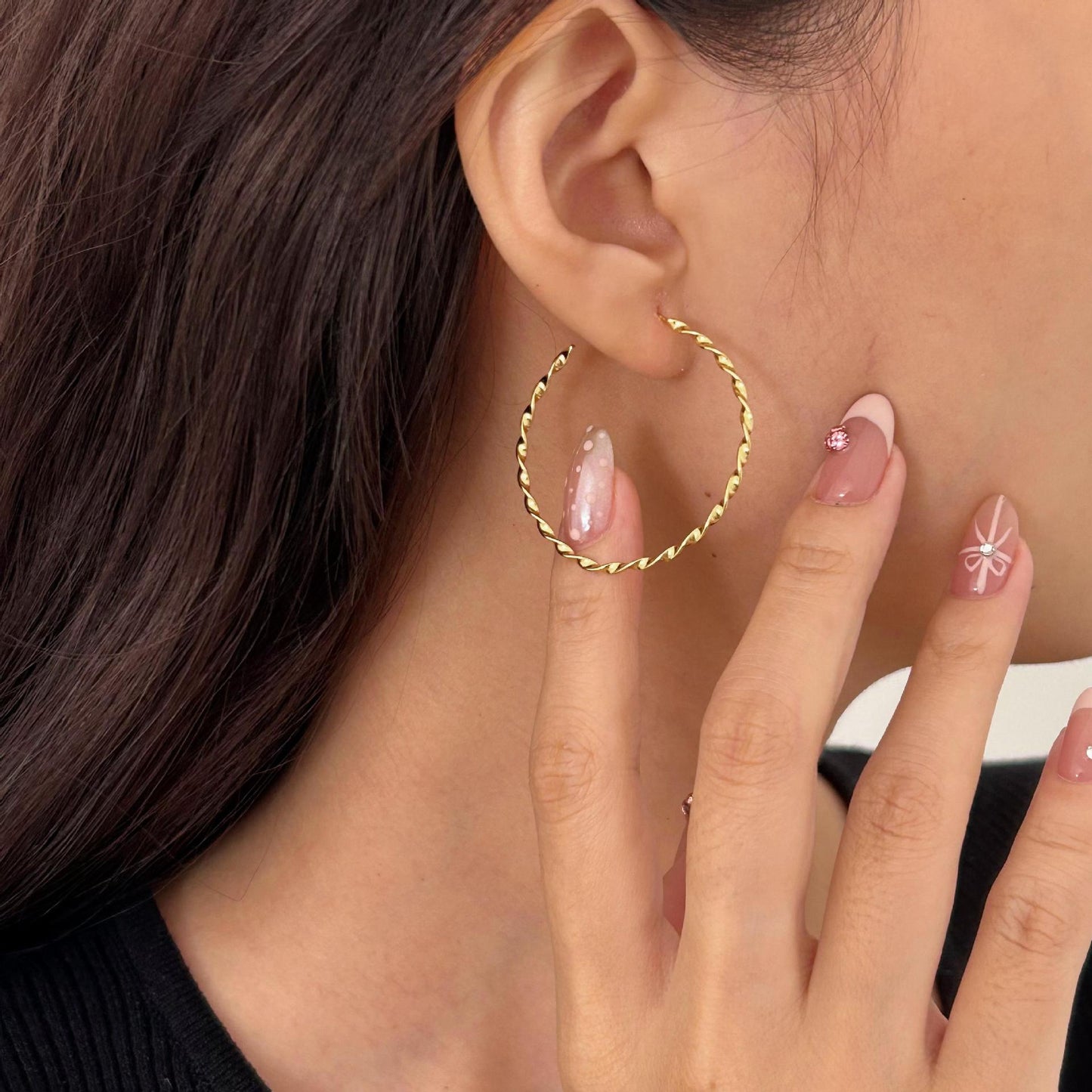 Minimalist Sweet 925 Sterling Silver Polished Rope Hoop Earrings with Pearl Inlay Geometric Design