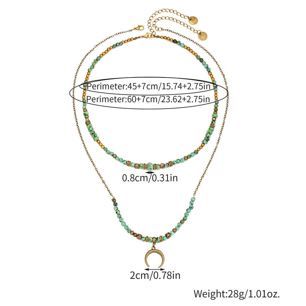 Vintage Moon Geometric Alloy Turquoise Beaded Cable Chain Necklace
