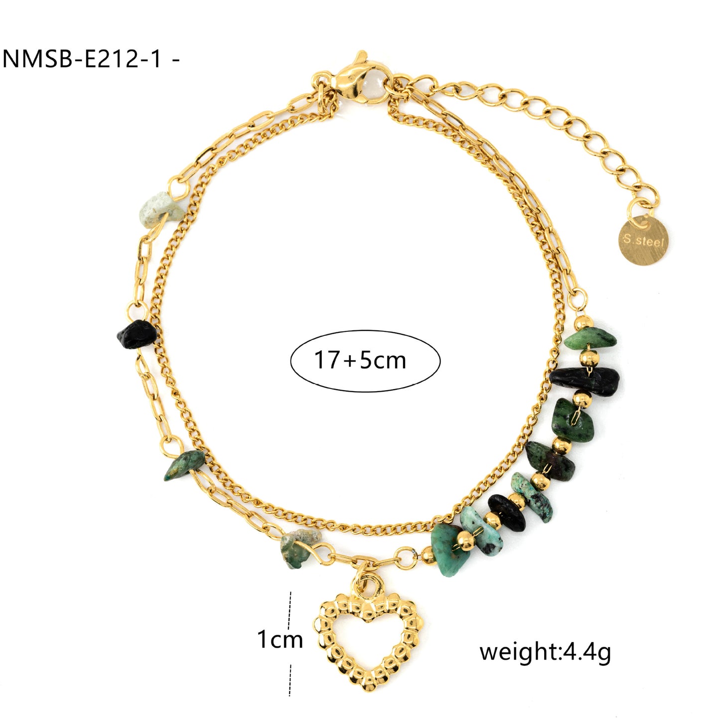 Minimalist Heart-Shaped Stainless Steel Bracelet with 18K Gold Plating and Natural Stone Beads
