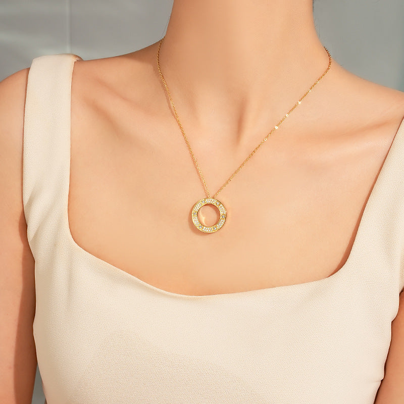 Minimalist Round Pendant Necklace for Women Titanium Steel with Rhinestone Inlay Snake Chain