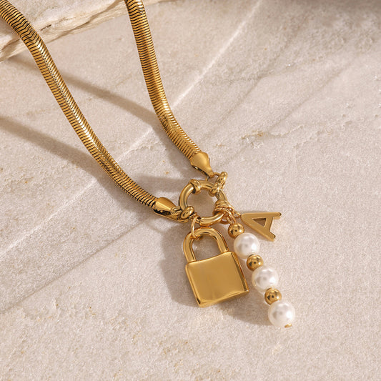 Natural and Fresh Minimalist Letter Pendant Necklace in Stainless Steel with Mother-of-Pearl Inlay on O-Chain for Women